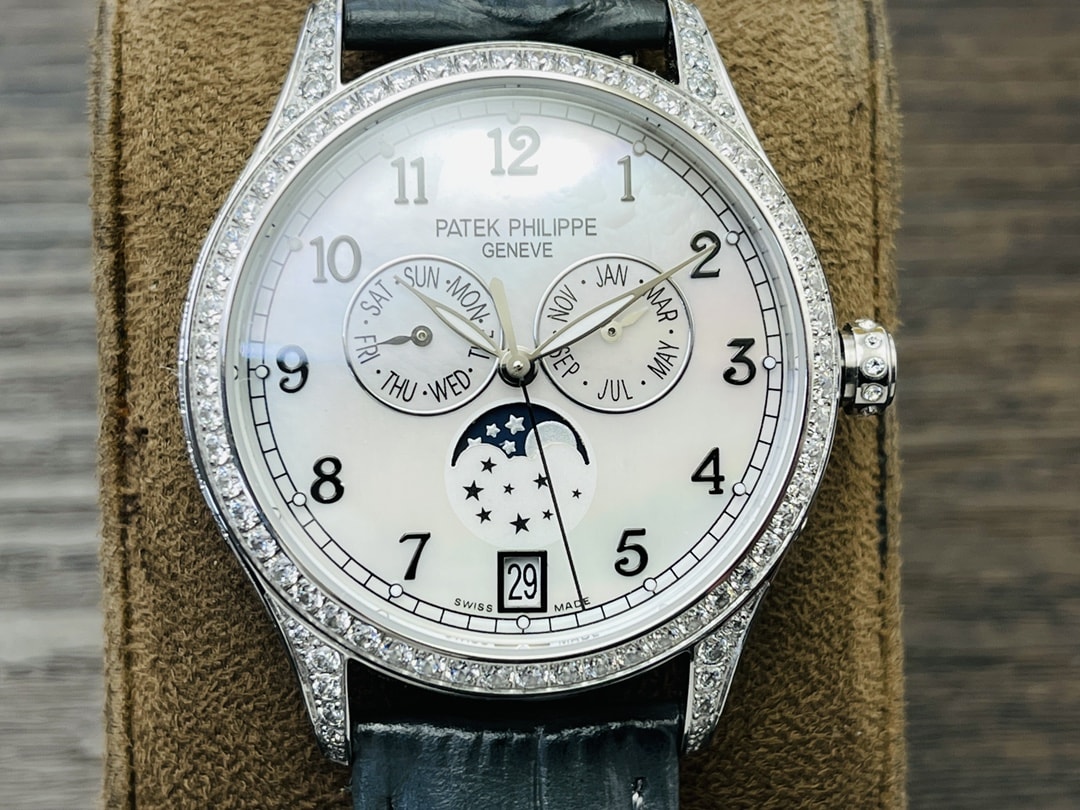 Fake Diamond Watch Patek Philippe Replica Complications Annual Calendar Moon Phases White Gold White Mother of Pearl Dial 38mm Diamond Bezel 4948G-010(1:1 replica)