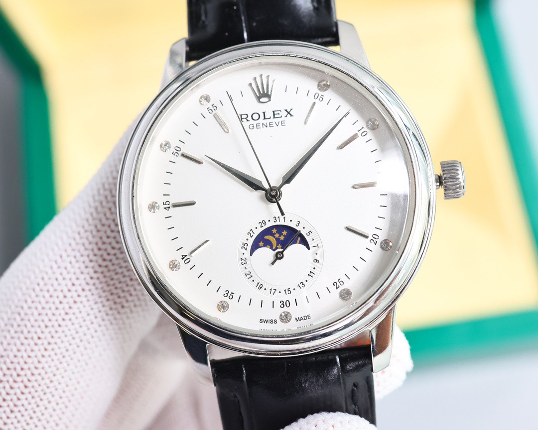Rolex👑 Cellini Moonphase-40mm-Leather-White(1:1 replica)