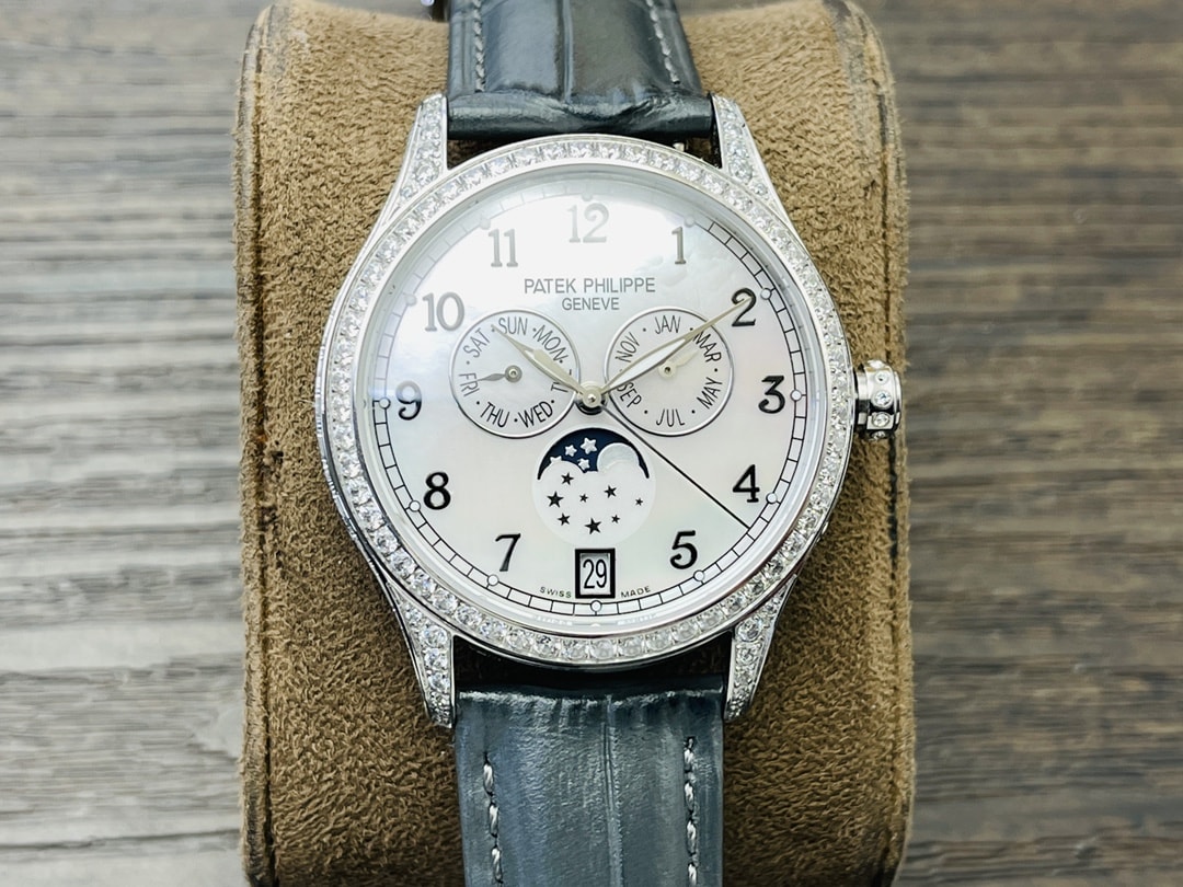Fake Diamond Watch Patek Philippe Replica Complications Annual Calendar Moon Phases White Gold White Mother of Pearl Dial 38mm Diamond Bezel 4948G-010(1:1 replica)