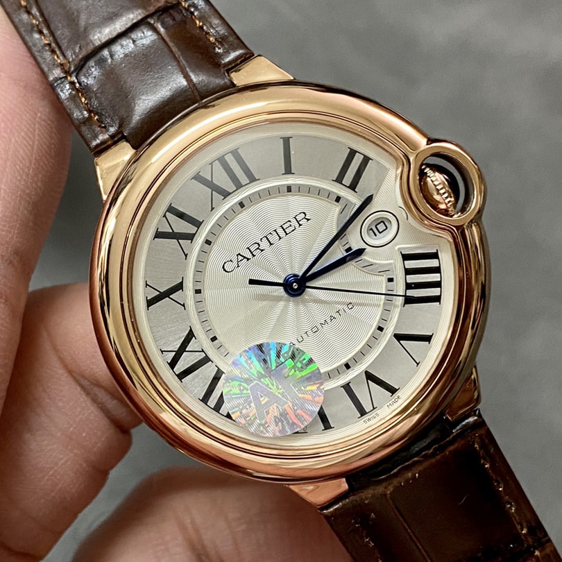 Fake Cartier Watch Ballon Bleu de Rose Gold 42mm Silver Dial Leather Strap WGBB0030 AF(1:1 replica)