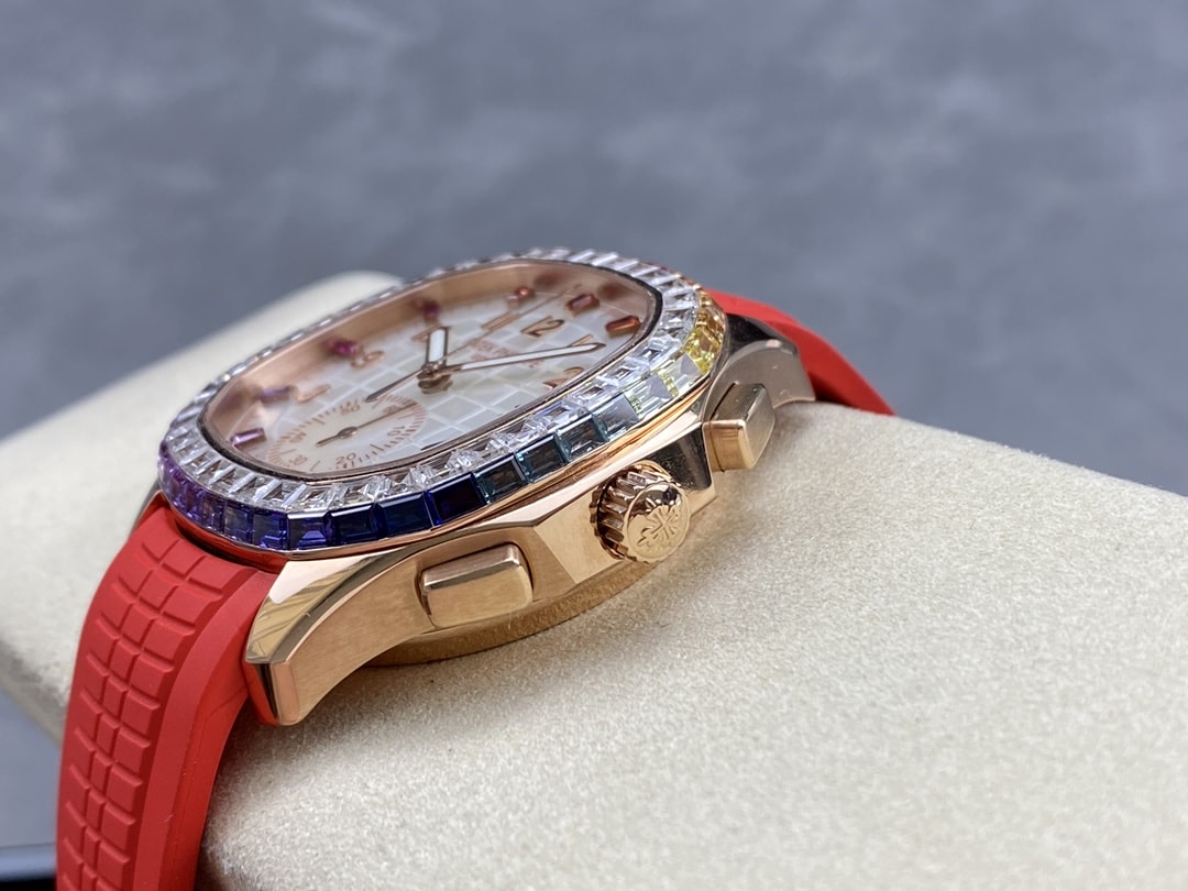 Fake Patek Philippe Replica Watch Aquanaut Luce Rainbow Chronograph Rose Gold Diamond/Gems Mother of Pearl Sapphire 7968/300R-001(1:1 replica)