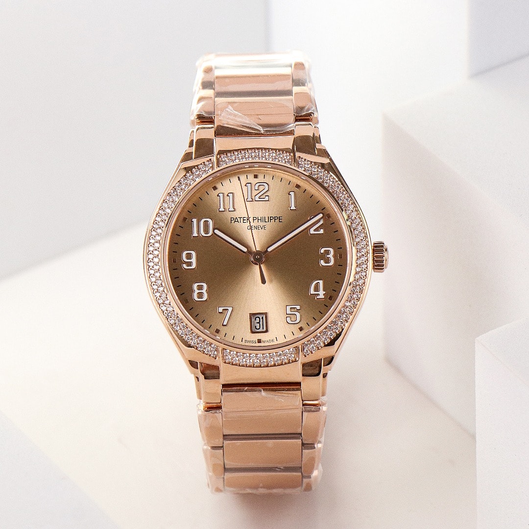Fake Diamond Watch Replica Patek Philippe Twenty~4 Ladies Rose Gold Brown Sunburst 7300/1200R-001(1:1 replica)