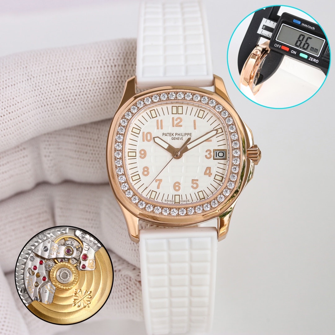 Fake Patek Philippe Replica Watch Aquanaut Ladies Embossed Brown Arabic Diamond Bezel Rose Gold Composite 35.6mm 5068R-001 TWF(1:1 replica)