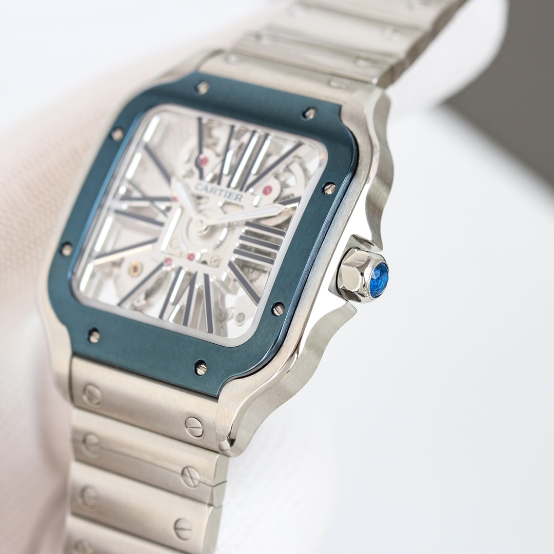Fake Cartier Watch Santos large model mechanical movement with manual winding caliber Steel Blue Skeleton Dial WHSA0026 TWF(1:1 replica)