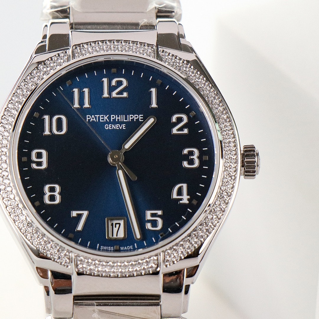 Fake Diamond Watch Replica Patek Philippe Twenty~4 Ladies Stainless Steel Blue Sunburst Dial 7300/1200A-001(1:1 replica)