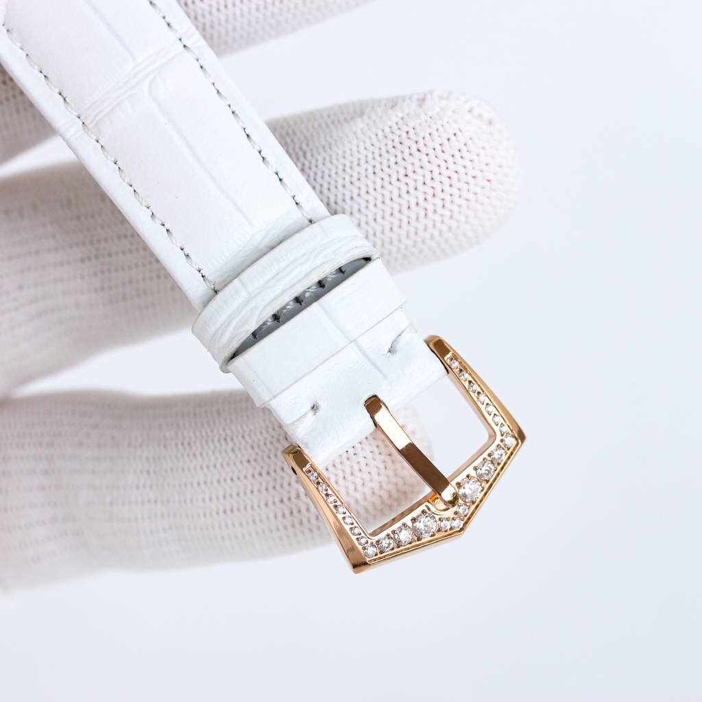 Fake Diamond Watch Patek Philippe Replica 4937R-001 Complications Ladies Annual Calendar Moon Phase 37mm White Mother of Pearl Arabic Rose Gold Diamond Set Leather Date(1:1 replica)