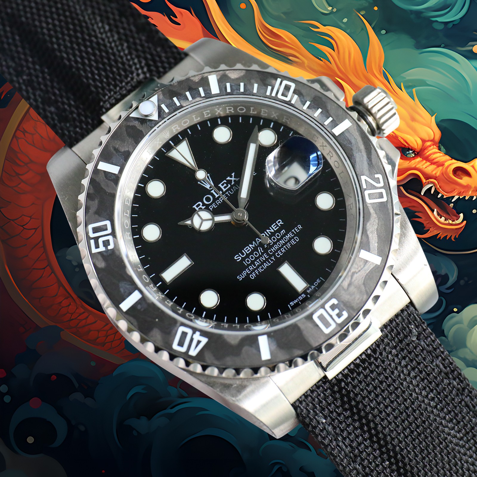 ROLEX Year of the Dragon Auspicious 🔥 🔥 Submariner Carbon Fiber Bezel - Velcro Strap - Black(1:1 replica)