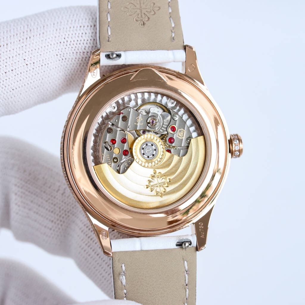 Fake Diamond Watch Patek Philippe Replica 4937R-001 Complications Ladies Annual Calendar Moon Phase 37mm White Mother of Pearl Arabic Rose Gold Diamond Set Leather Date(1:1 replica)