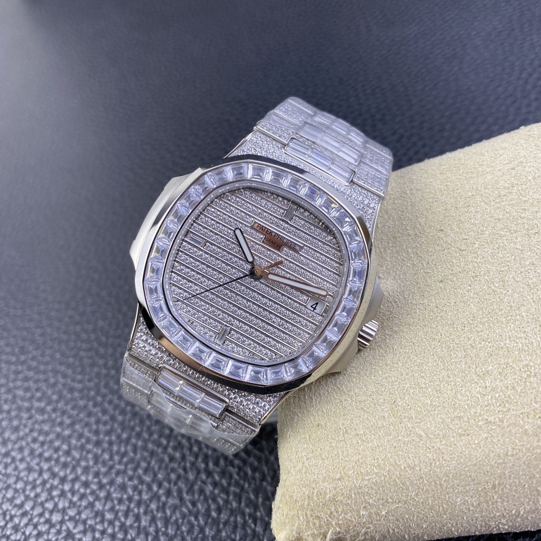 Fake diamond watch Patek Philippe Replica Nautilus Date Sweep Seconds White Gold/Diamonds Dial & Bezel 5719/10G-010 TWF(1:1 replica)