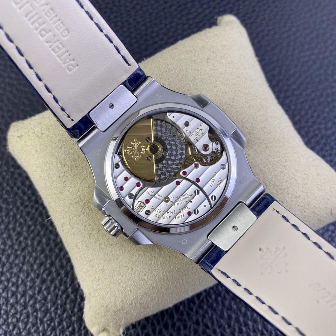 Fake Patek Philippe Replica Watch 5724G-001 Nautilus 40mm Black-Blue Baguette Diamond Bezel Moon Phase Date White Gold Leather Automatic GRF(1:1 replica)