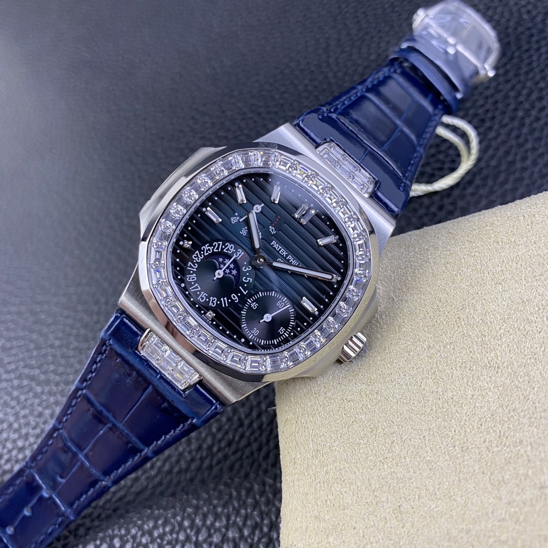 Fake Patek Philippe Replica Watch 5724G-001 Nautilus 40mm Black-Blue Baguette Diamond Bezel Moon Phase Date White Gold Leather Automatic GRF(1:1 replica)