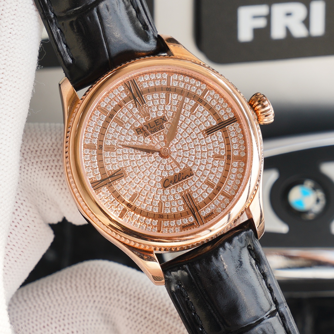 Rolex Cellini Full Star Collection-39.5mm-Imported Italian cowhide leather(1:1 replica)