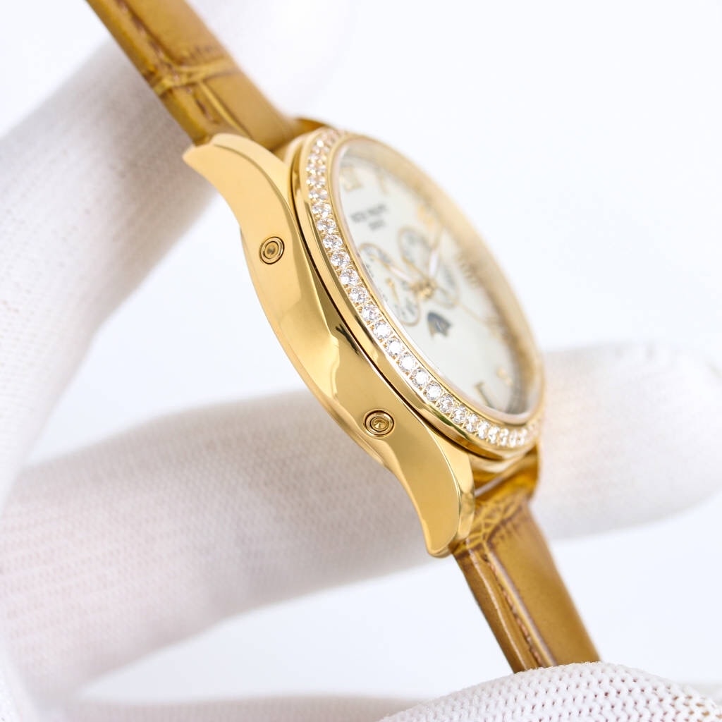 Fake diamond Watch Patek Philippe Replica 4936J-001 Complications Ladies Annual Calendar Moon Phase 37mm White Mother of Pearl Roman Diamond Bezel Yellow Gold Leather Date(1:1 replica)