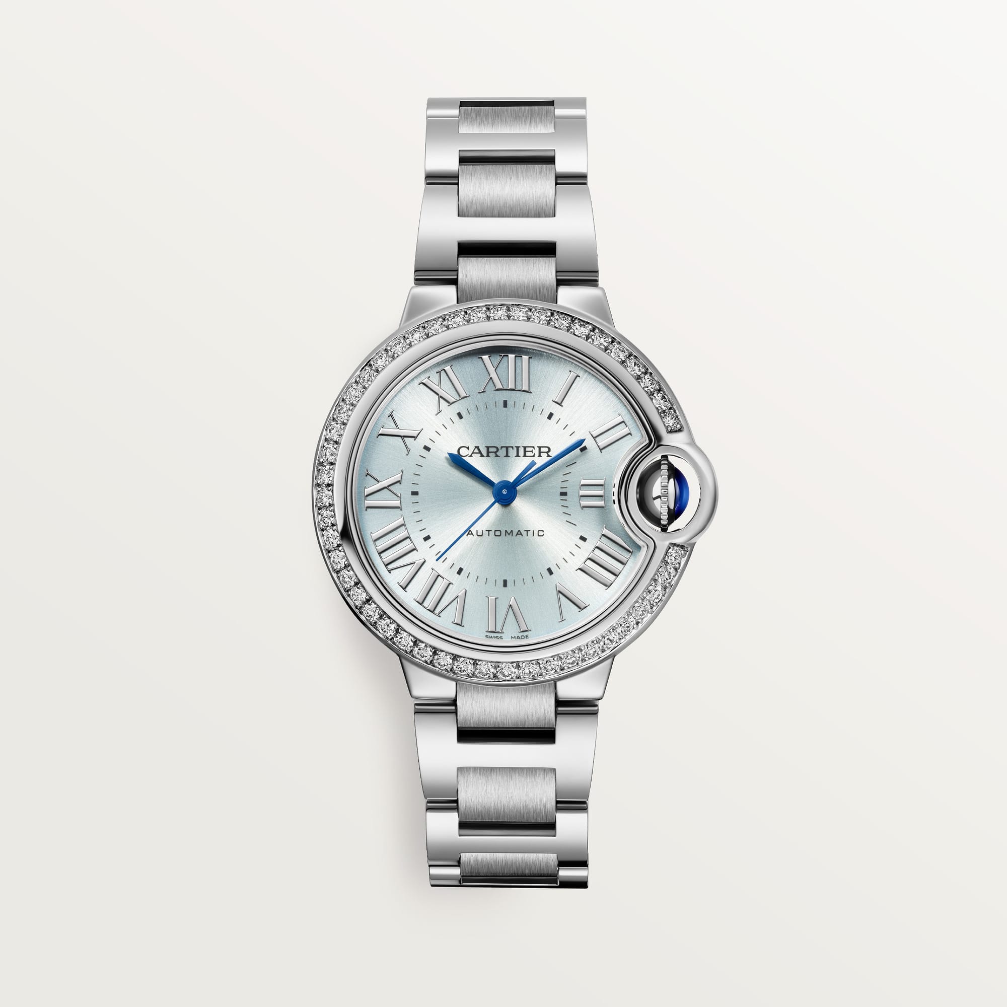 Ballon Bleu de Fake Cartier Watch Steel Diamond Bezel 33mm Blue Silver Dial W4BB0028(1:1 replica)