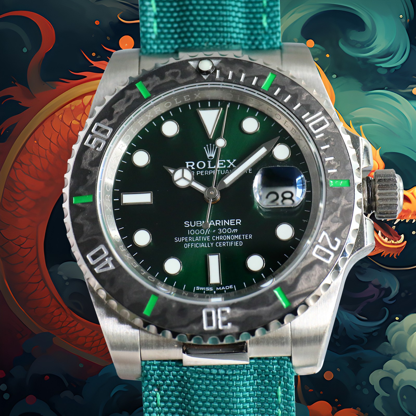 ROLEX Year of the Dragon Auspicious 🔥 🔥 Submariner Carbon Fiber Bezel - Velcro Strap - Green(1:1 replica)