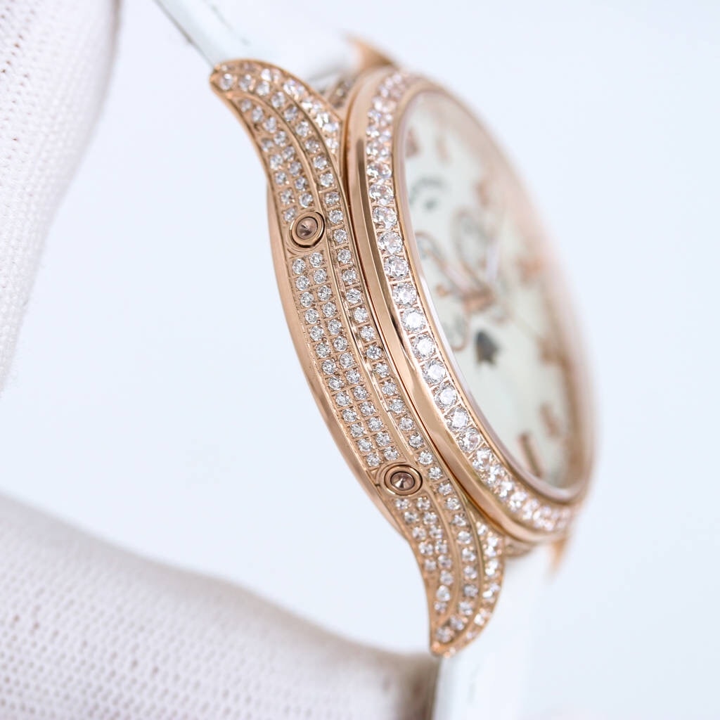 Fake Diamond Watch Patek Philippe Replica 4937R-001 Complications Ladies Annual Calendar Moon Phase 37mm White Mother of Pearl Arabic Rose Gold Diamond Set Leather Date(1:1 replica)