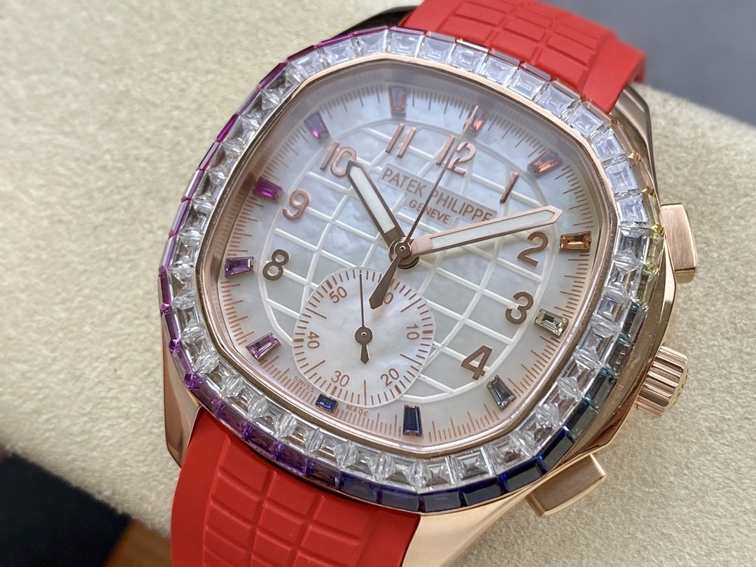 Fake Patek Philippe Replica Watch Aquanaut Luce Rainbow Chronograph Rose Gold Diamond/Gems Mother of Pearl Sapphire 7968/300R-001(1:1 replica)