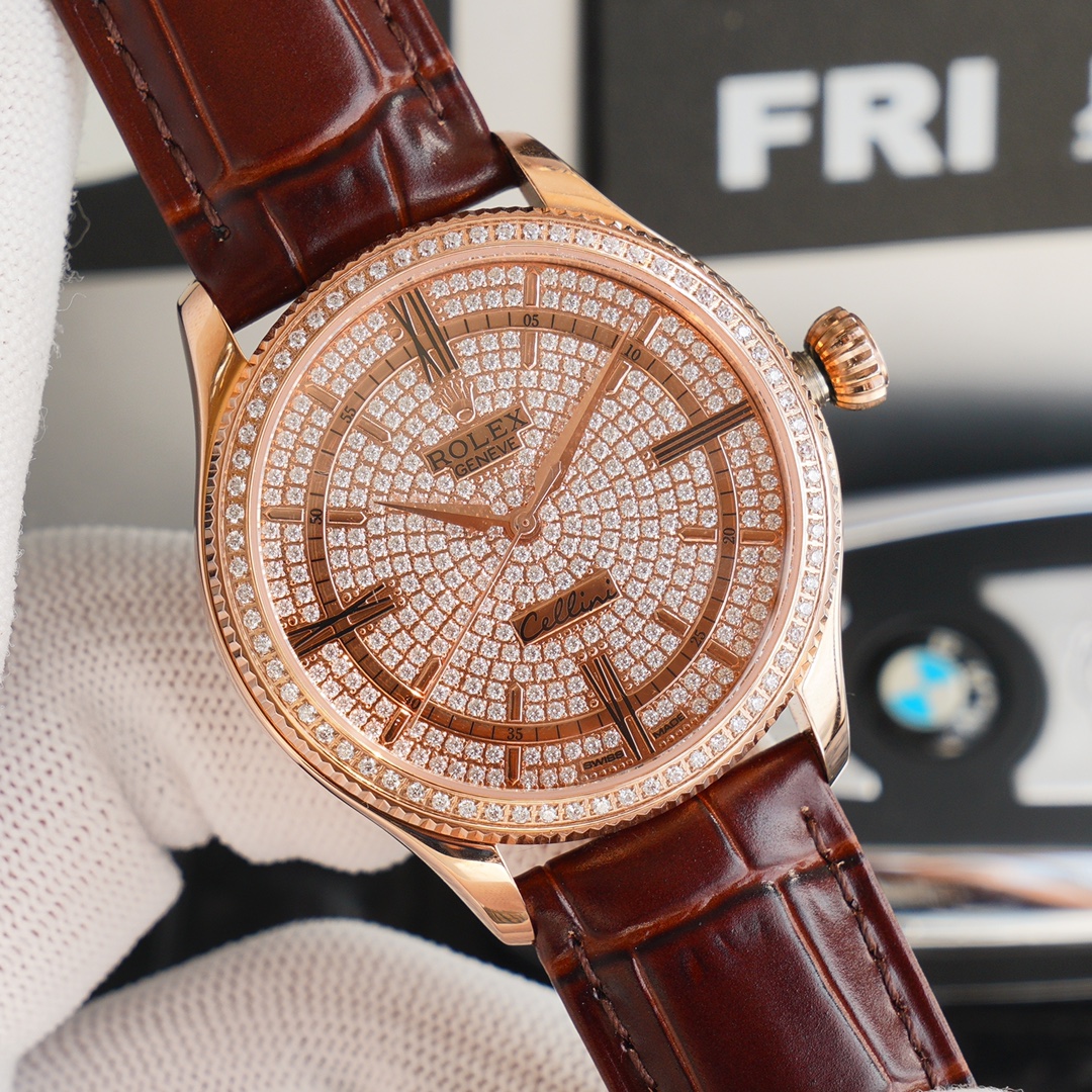 Rolex Cellini Full Star Collection-39.5mm-Imported Italian cowhide leather(1:1 replica)