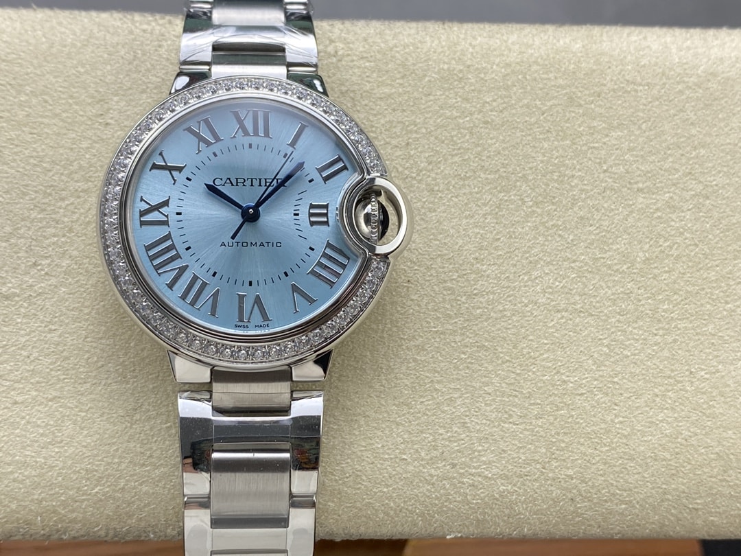 Ballon Bleu de Fake Cartier Watch Steel Diamond Bezel 33mm Blue Silver Dial W4BB0028(1:1 replica)