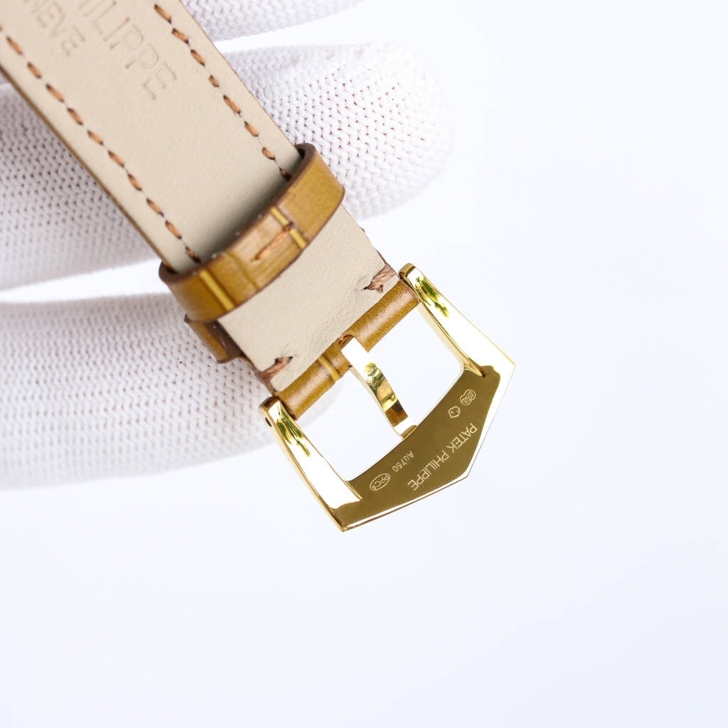 Fake diamond Watch Patek Philippe Replica 4936J-001 Complications Ladies Annual Calendar Moon Phase 37mm White Mother of Pearl Roman Diamond Bezel Yellow Gold Leather Date(1:1 replica)