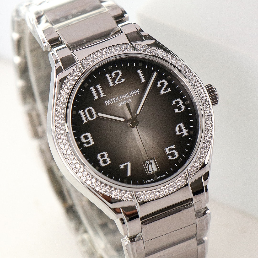 Fake Diamond Watch Replica Patek Philippe Twenty~4 Ladies Stainless Steel Grey Sunburst Dial 7300/1200A-010(1:1 replica)