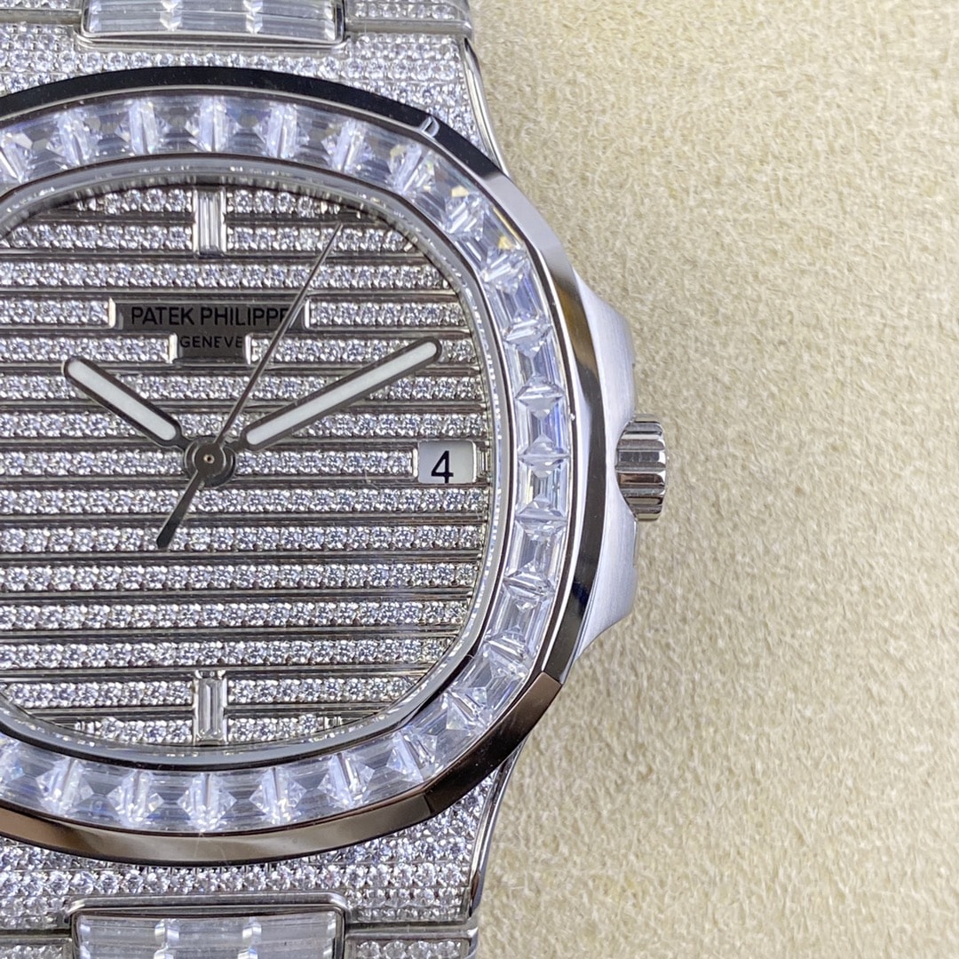 Fake diamond watch Patek Philippe Replica Nautilus Date Sweep Seconds White Gold/Diamonds Dial & Bezel 5719/10G-010 TWF(1:1 replica)