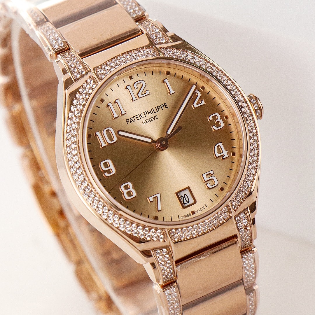 Fake Diamond Watch Replica Patek Philippe Twenty~4 Ladies Rose Gold/Diamonds Brown Dial 7300/1201R-010(1:1 replica)