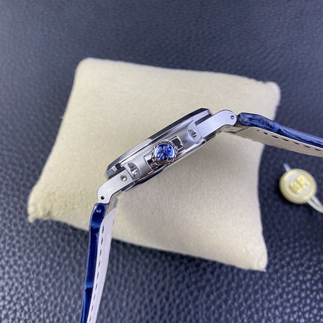 Fake Patek Philippe Replica Watch 5724G-001 Nautilus 40mm Black-Blue Baguette Diamond Bezel Moon Phase Date White Gold Leather Automatic GRF(1:1 replica)