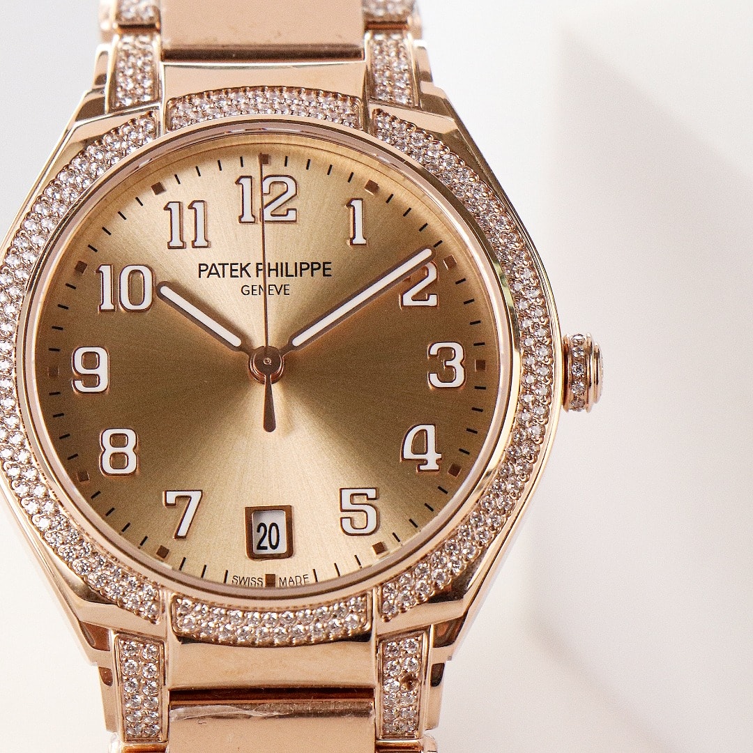 Fake Diamond Watch Replica Patek Philippe Twenty~4 Ladies Rose Gold/Diamonds Brown Dial 7300/1201R-010(1:1 replica)