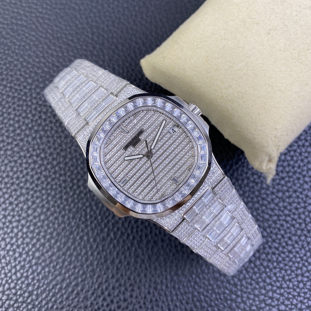 Fake diamond watch Patek Philippe Replica Nautilus Date Sweep Seconds White Gold/Diamonds Dial & Bezel 5719/10G-010 TWF(1:1 replica)