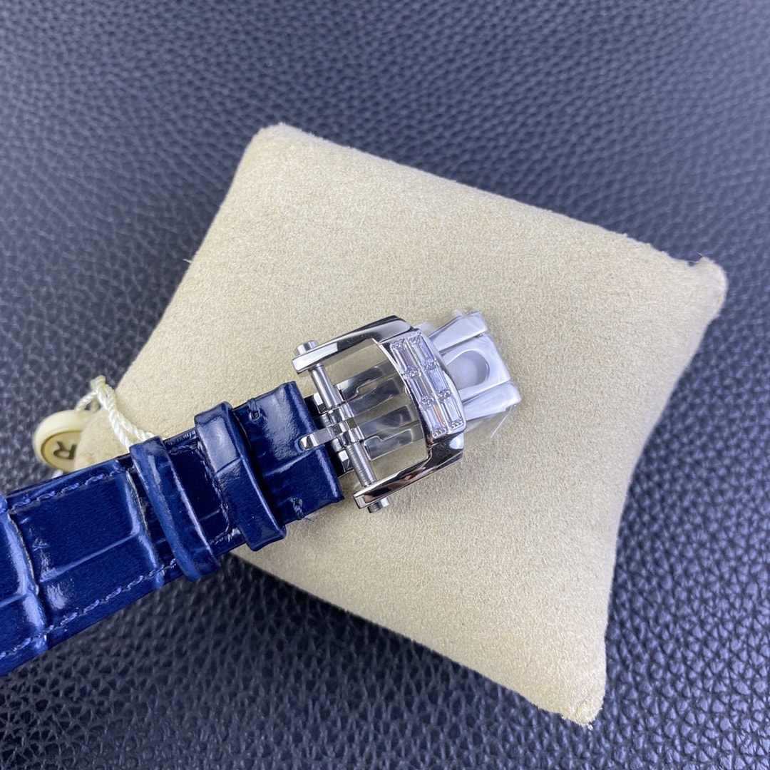 Fake Patek Philippe Replica Watch 5724G-001 Nautilus 40mm Black-Blue Baguette Diamond Bezel Moon Phase Date White Gold Leather Automatic GRF(1:1 replica)