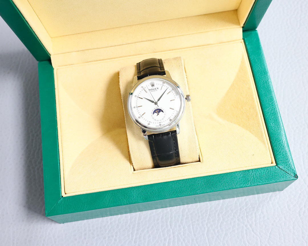 Rolex👑 Cellini Moonphase-40mm-Leather-White(1:1 replica)