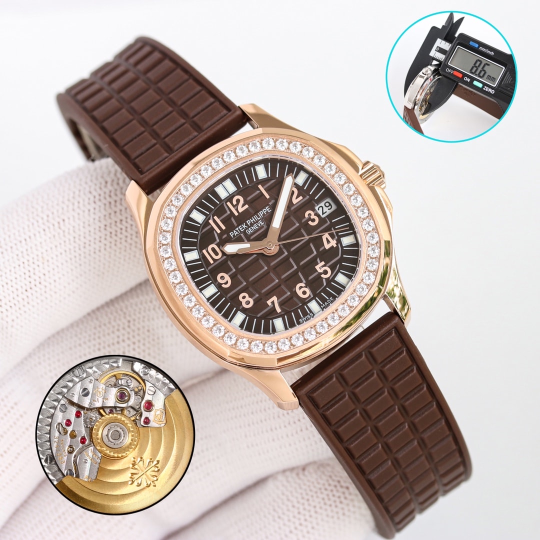 Fake Patek Philippe Replica Watch Aquanaut Ladies Embossed Brown Arabic Diamond Bezel Rose Gold Composite 35.6mm 5068R-001 TWF(1:1 replica)