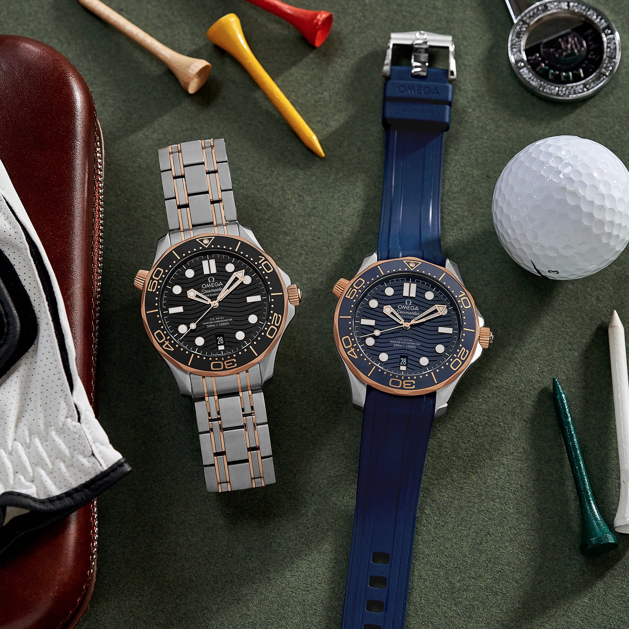 Seamaster Diver 300M Co-Axial Master Chronometer 42mm Two-Tone Sedna Gold Blue Dial On Rubber Strap(1:1 replica)