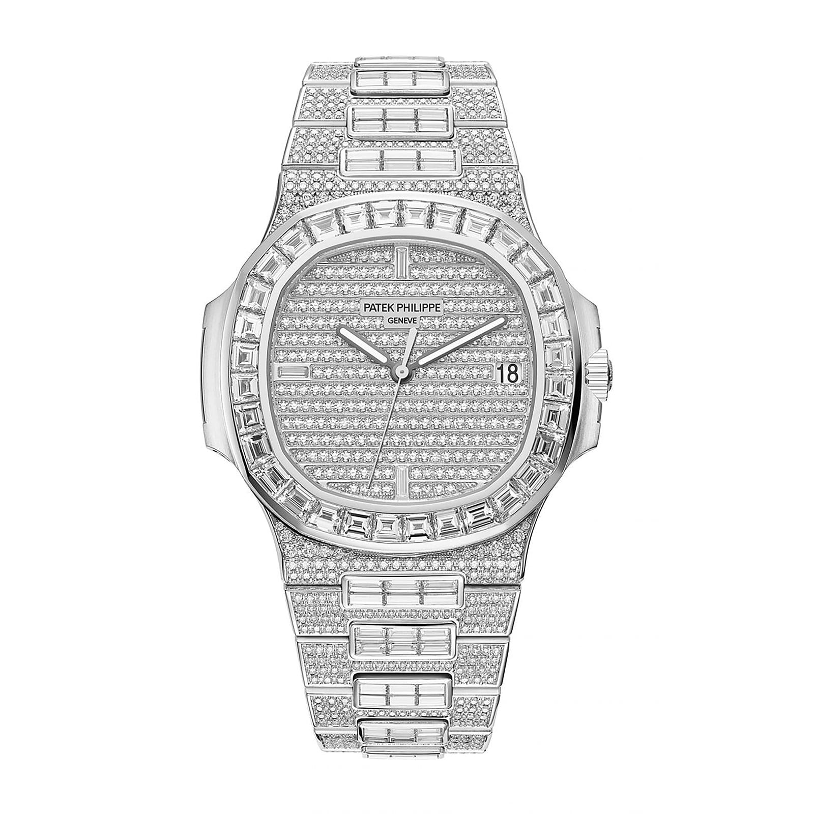 Fake diamond watch Patek Philippe Replica Nautilus Date Sweep Seconds White Gold/Diamonds Dial & Bezel 5719/10G-010 TWF(1:1 replica)