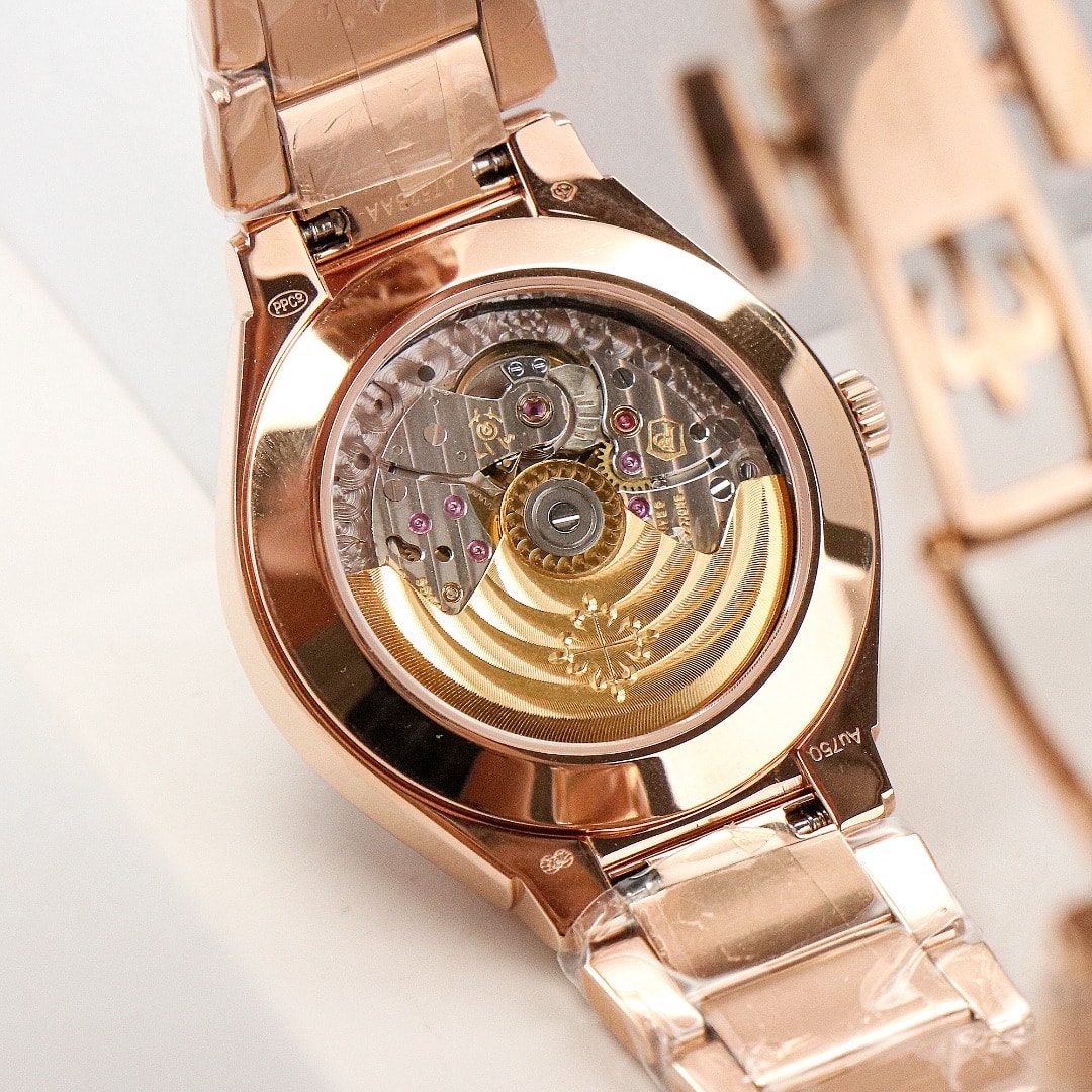 Fake Diamond Watch Replica Patek Philippe Twenty~4 Ladies Rose Gold/Diamonds Brown Dial 7300/1201R-010(1:1 replica)