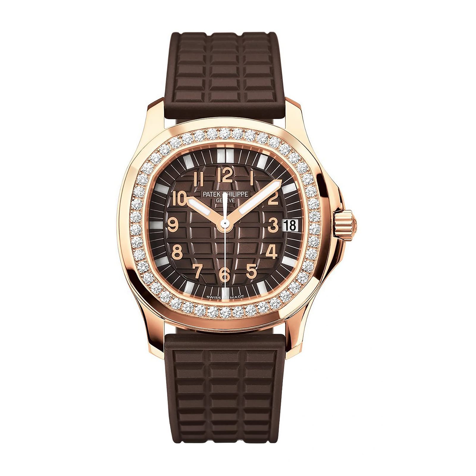 Fake Patek Philippe Replica Watch Aquanaut Ladies Embossed Brown Arabic Diamond Bezel Rose Gold Composite 35.6mm 5068R-001 TWF(1:1 replica)