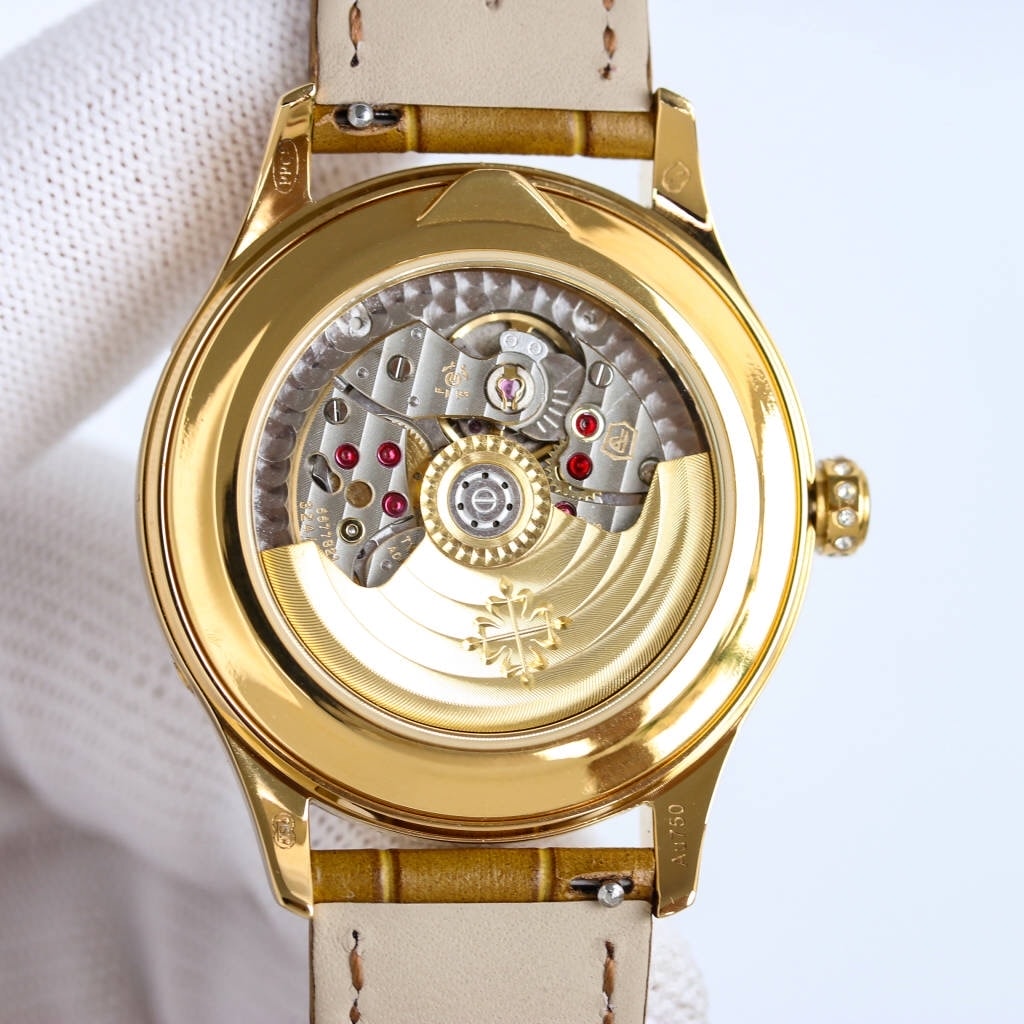 Fake diamond Watch Patek Philippe Replica 4936J-001 Complications Ladies Annual Calendar Moon Phase 37mm White Mother of Pearl Roman Diamond Bezel Yellow Gold Leather Date(1:1 replica)