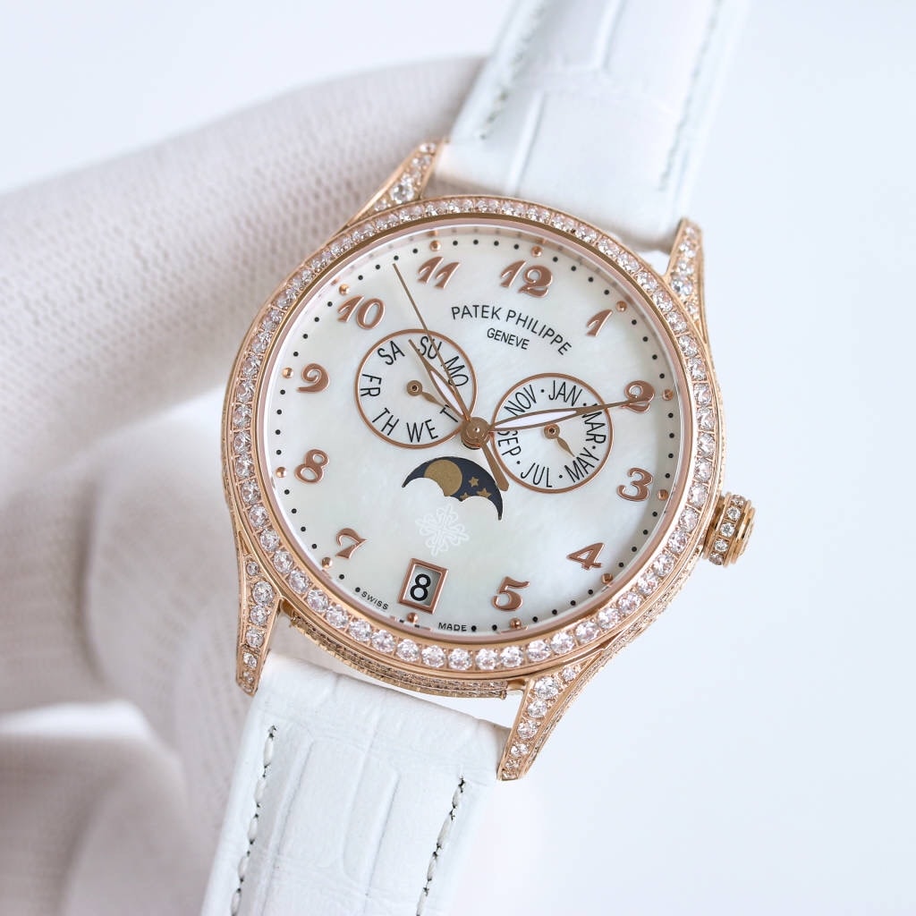 Fake Diamond Watch Patek Philippe Replica 4937R-001 Complications Ladies Annual Calendar Moon Phase 37mm White Mother of Pearl Arabic Rose Gold Diamond Set Leather Date(1:1 replica)