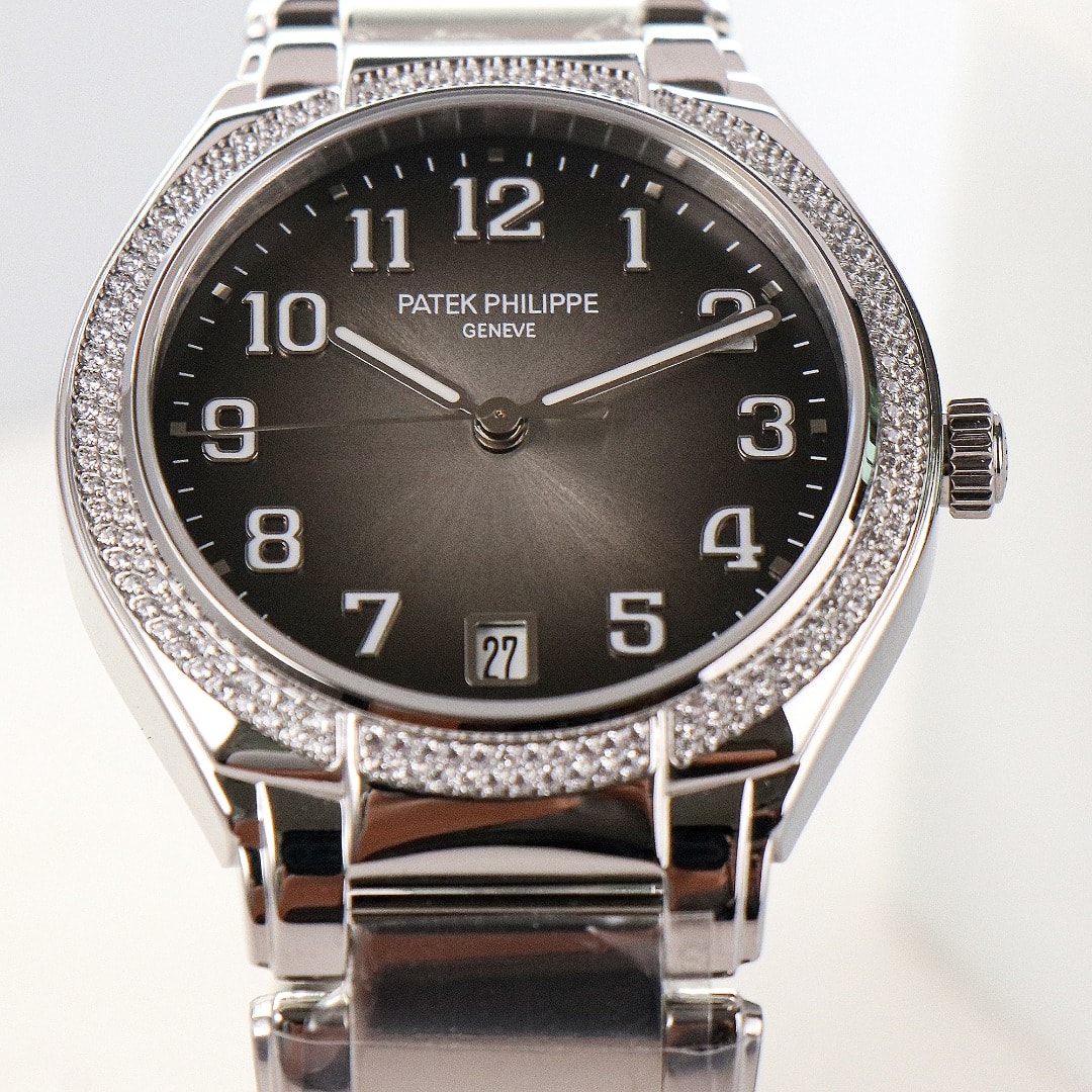 Fake Diamond Watch Replica Patek Philippe Twenty~4 Ladies Stainless Steel Grey Sunburst Dial 7300/1200A-010(1:1 replica)
