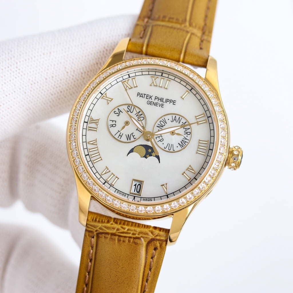 Fake diamond Watch Patek Philippe Replica 4936J-001 Complications Ladies Annual Calendar Moon Phase 37mm White Mother of Pearl Roman Diamond Bezel Yellow Gold Leather Date(1:1 replica)