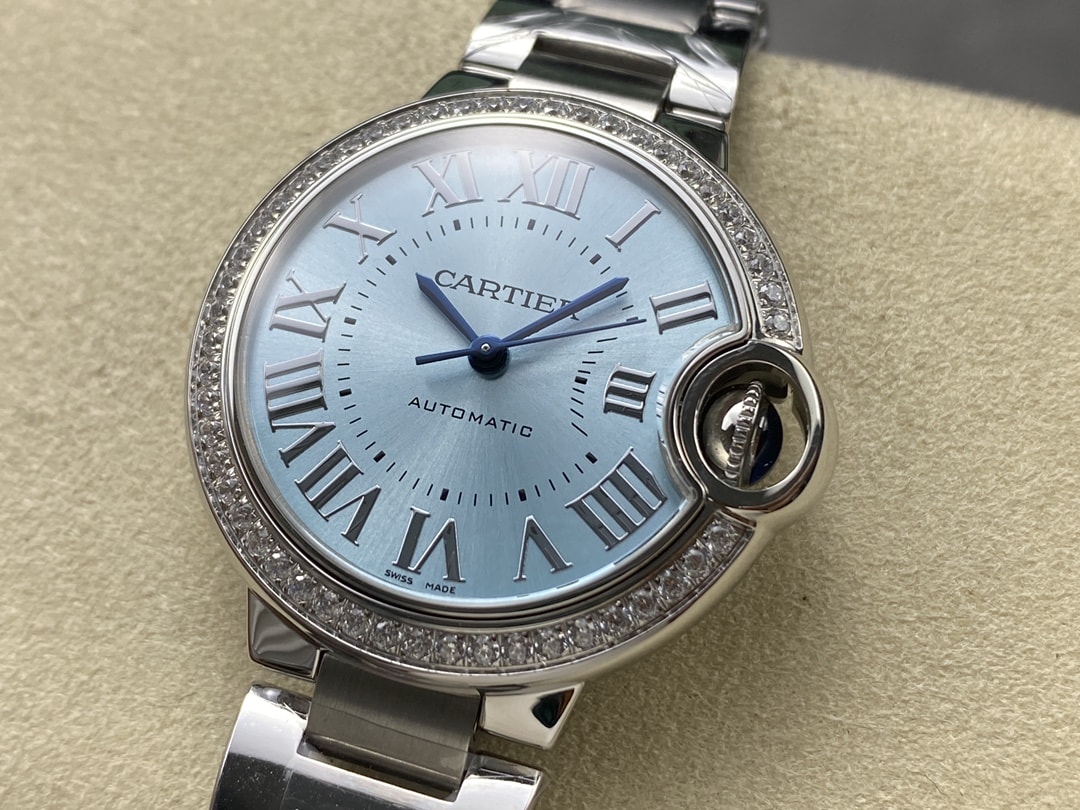 Ballon Bleu de Fake Cartier Watch Steel Diamond Bezel 33mm Blue Silver Dial W4BB0028(1:1 replica)