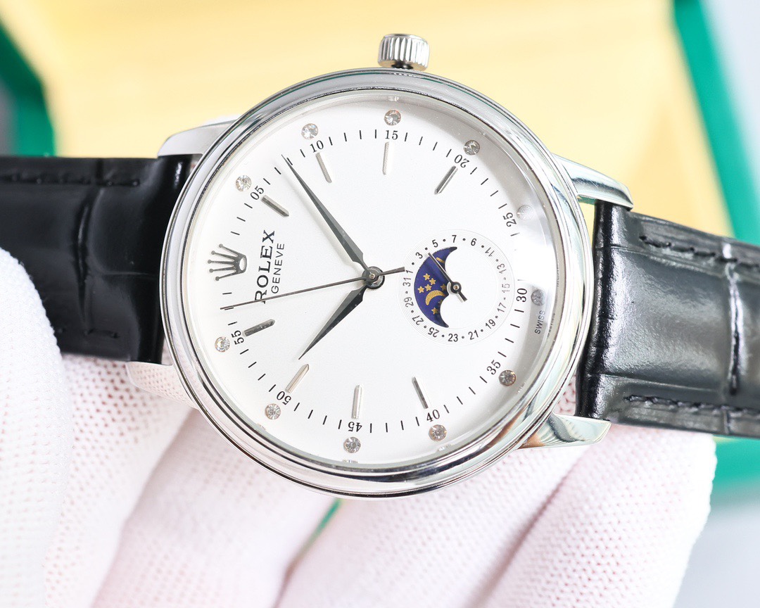 Rolex👑 Cellini Moonphase-40mm-Leather-White(1:1 replica)