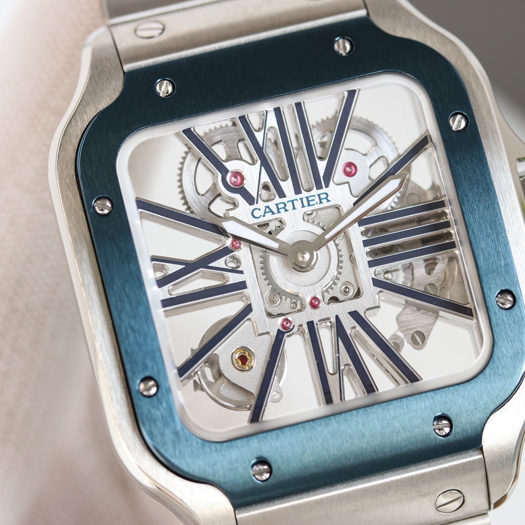 Fake Cartier Watch Santos large model mechanical movement with manual winding caliber Steel Blue Skeleton Dial WHSA0026 TWF(1:1 replica)