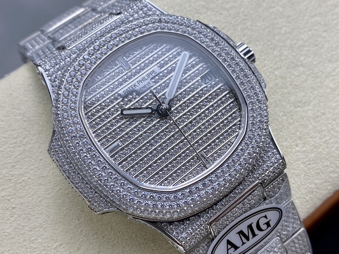 Fake Diamond Watch Patek Philippe Replica 5719/1G-001 Nautilus 40mm White Gold Diamond Pave White Gold Diamond Set Automatic AMG(1:1 replica)