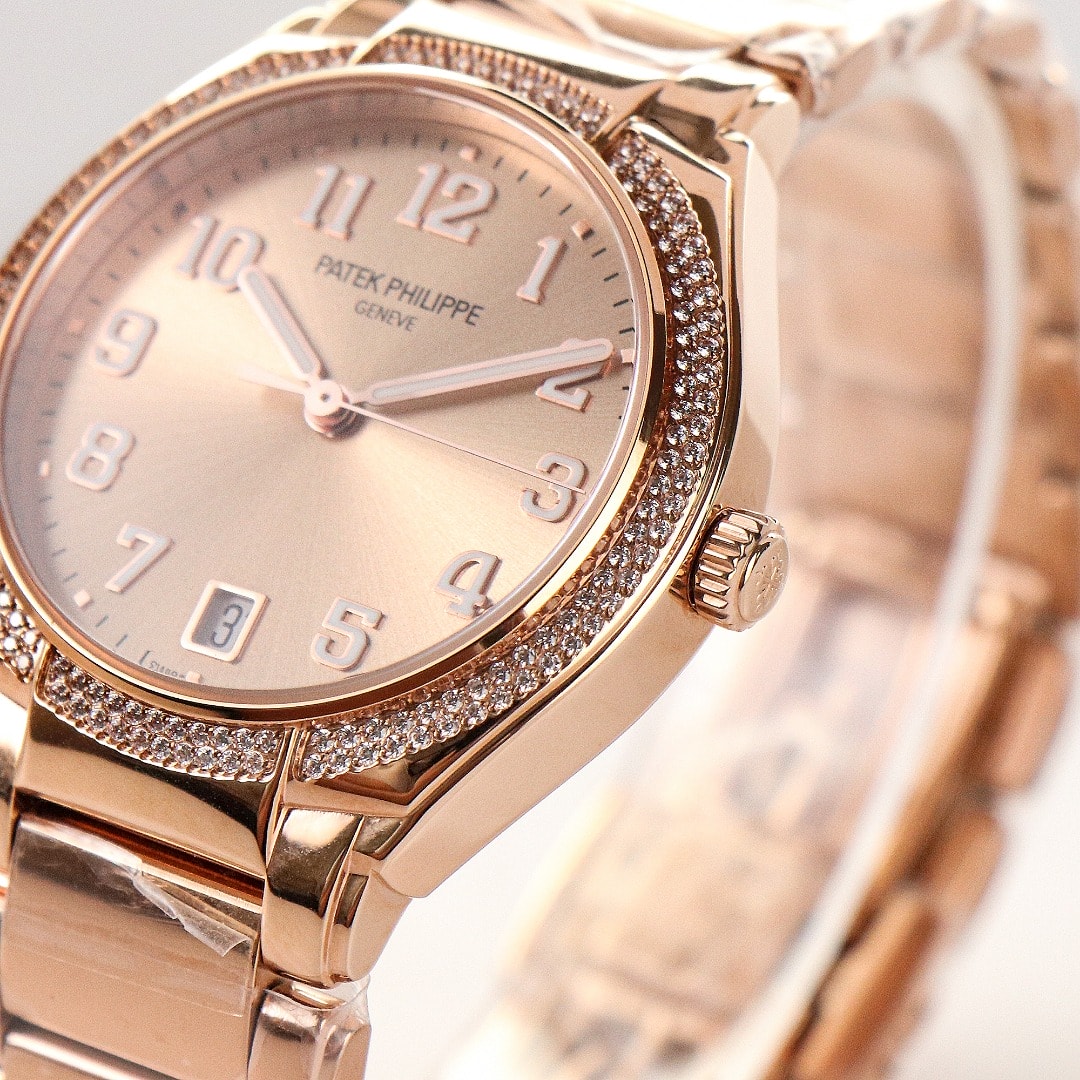 Fake Diamond Watch Replica Patek Philippe Twenty~4 Ladies Rose Gold Brown Sunburst 7300/1200R-001(1:1 replica)