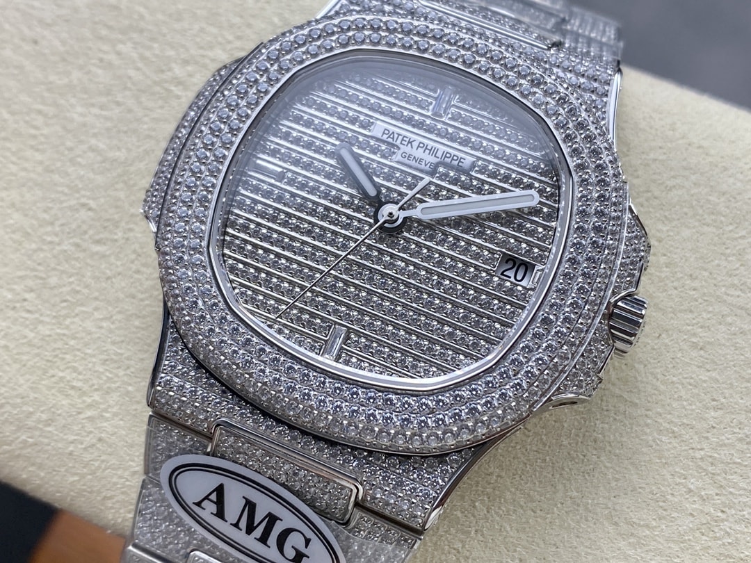 Fake Diamond Watch Patek Philippe Replica 5719/1G-001 Nautilus 40mm White Gold Diamond Pave White Gold Diamond Set Automatic AMG(1:1 replica)
