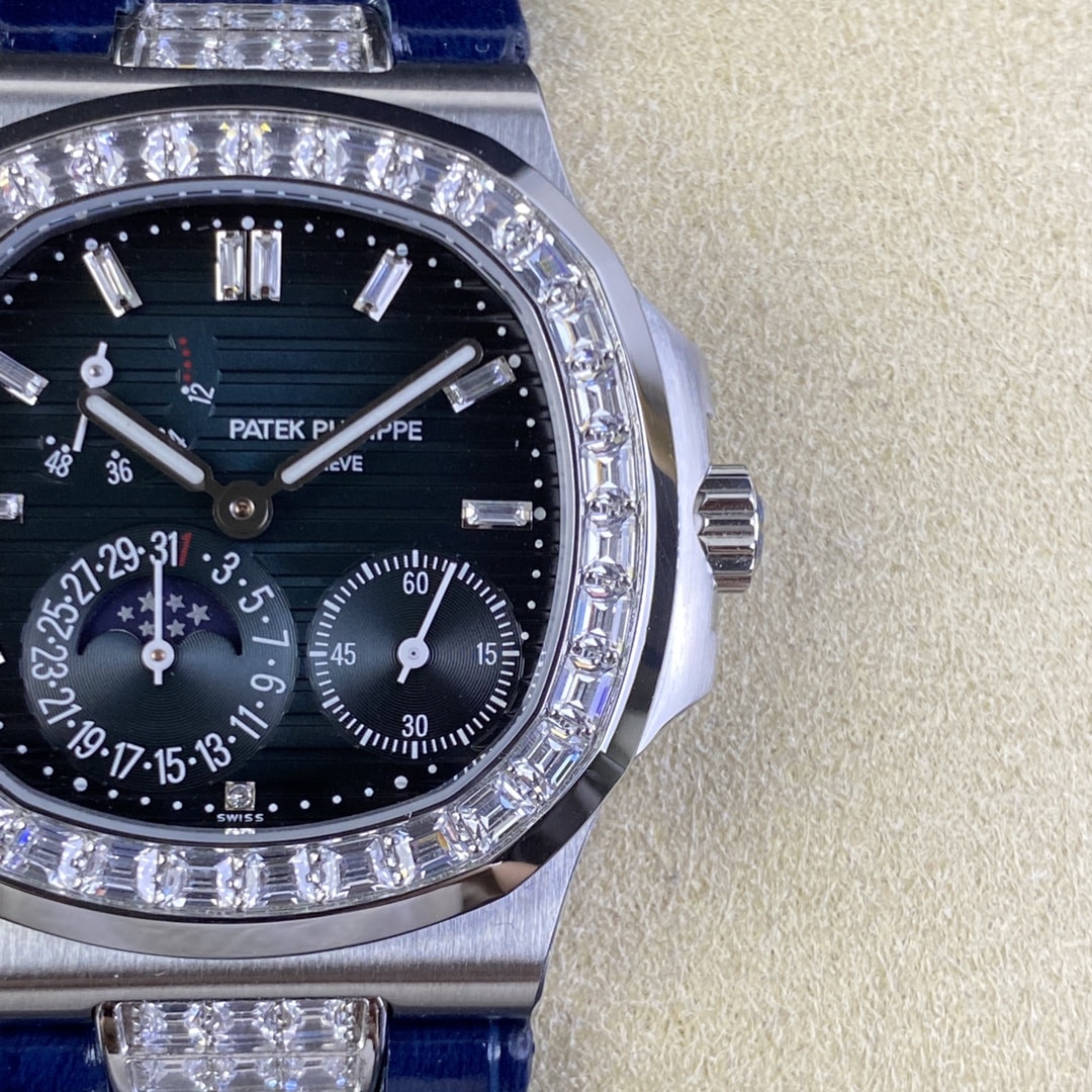Fake Patek Philippe Replica Watch 5724G-001 Nautilus 40mm Black-Blue Baguette Diamond Bezel Moon Phase Date White Gold Leather Automatic GRF(1:1 replica)