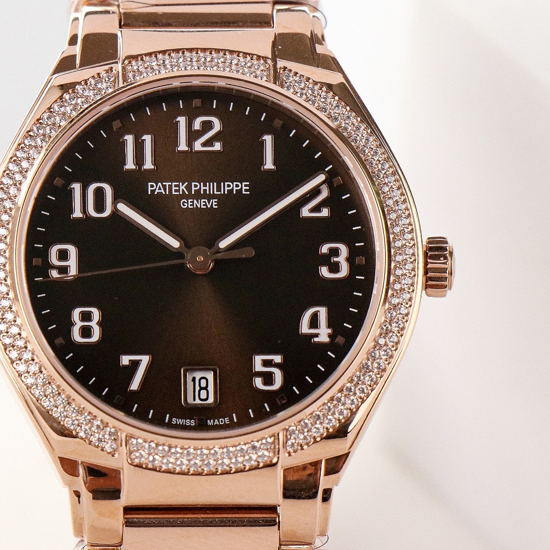 Fake Diamond Watch Replica Patek Philippe Twenty~4 Ladies Rose Gold Brown Sunburst 7300/1200R-001(1:1 replica)