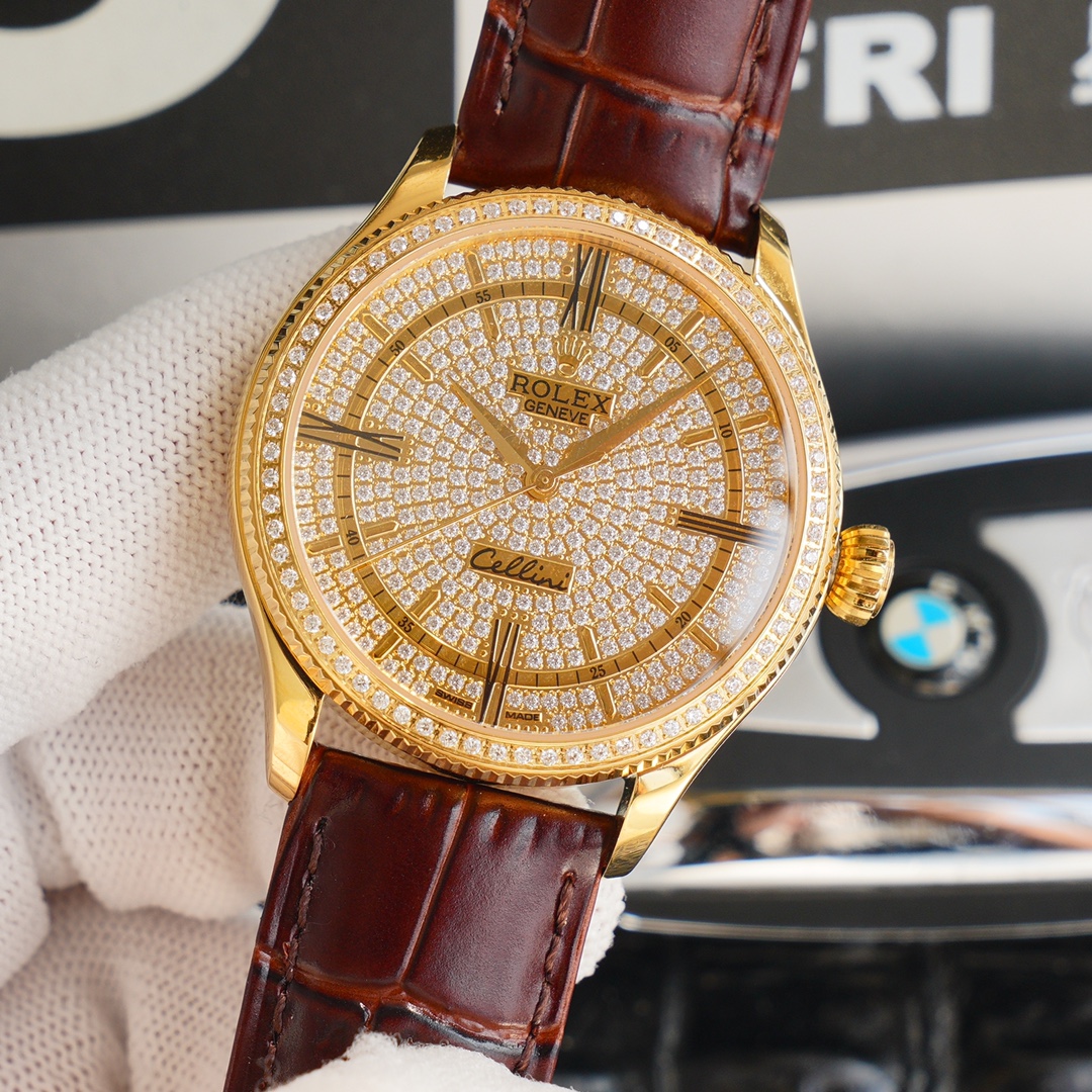 Rolex Cellini Full Star Collection-39.5mm-Imported Italian cowhide leather(1:1 replica)